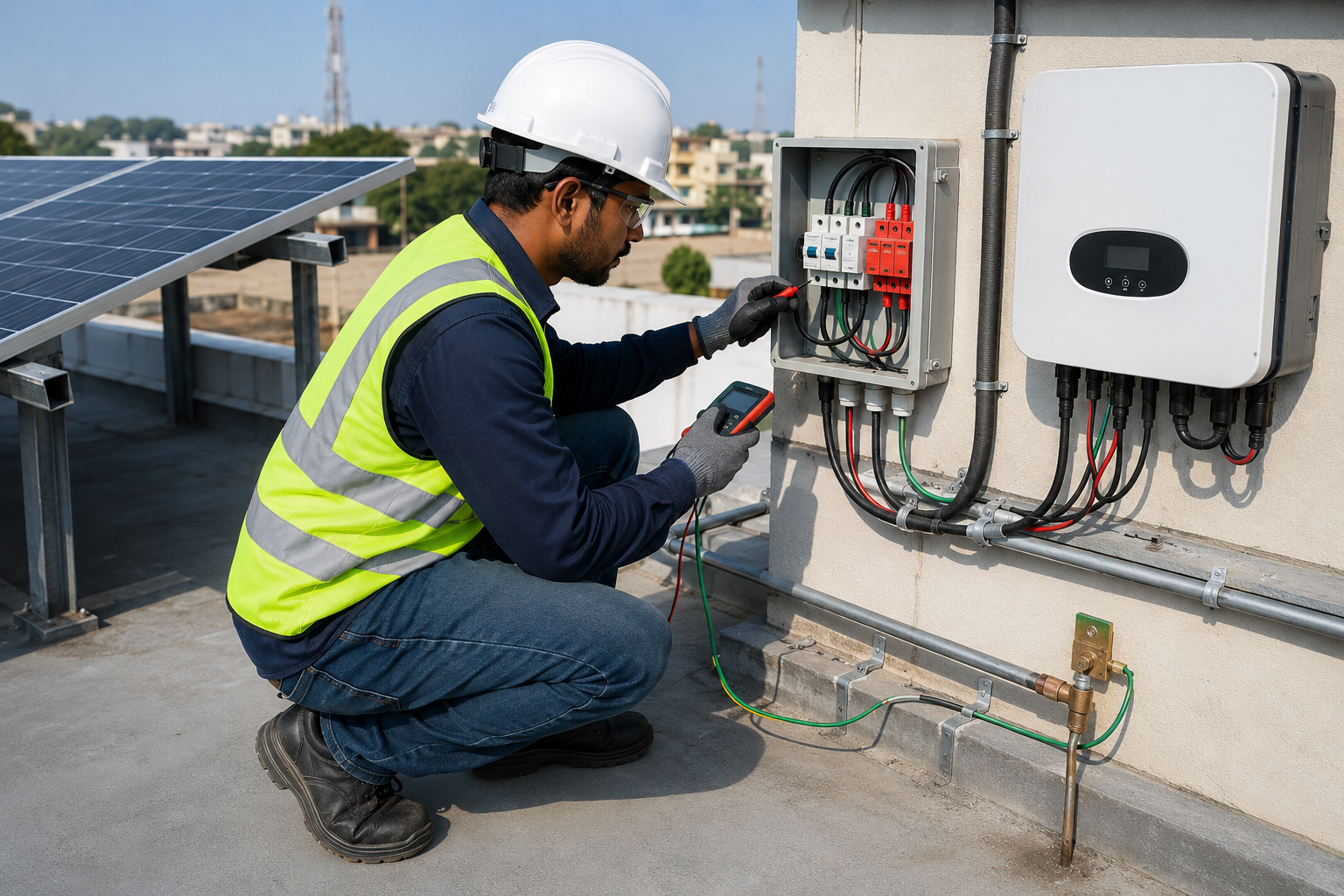 Engineer inspecting solar inverter SPD connections and earthing