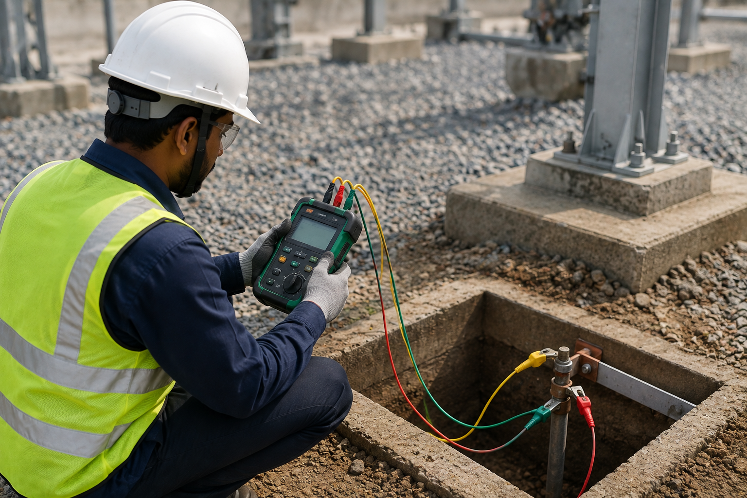 Site engineer performing earth resistance testing with digital earth tester