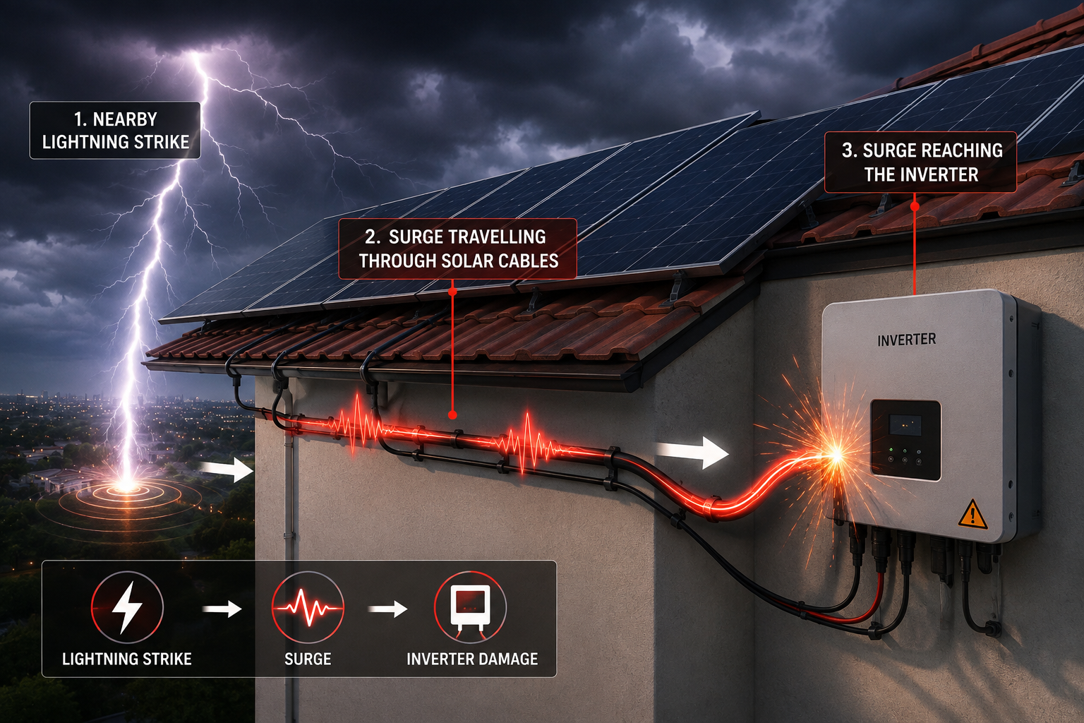 Nearby lightning strike causing a surge through solar cables to the inverter