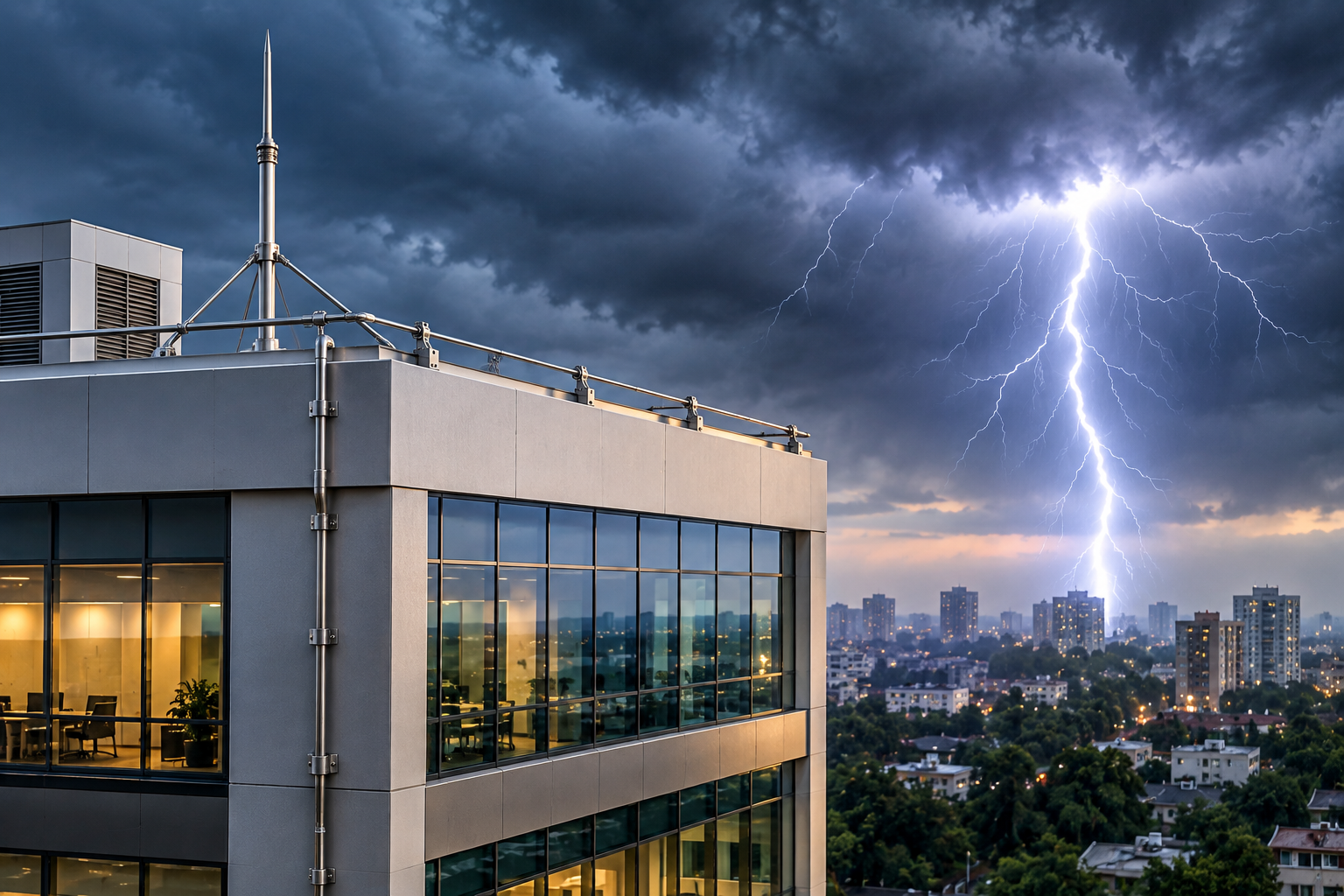 Modern building with lightning protection system during a thunderstorm