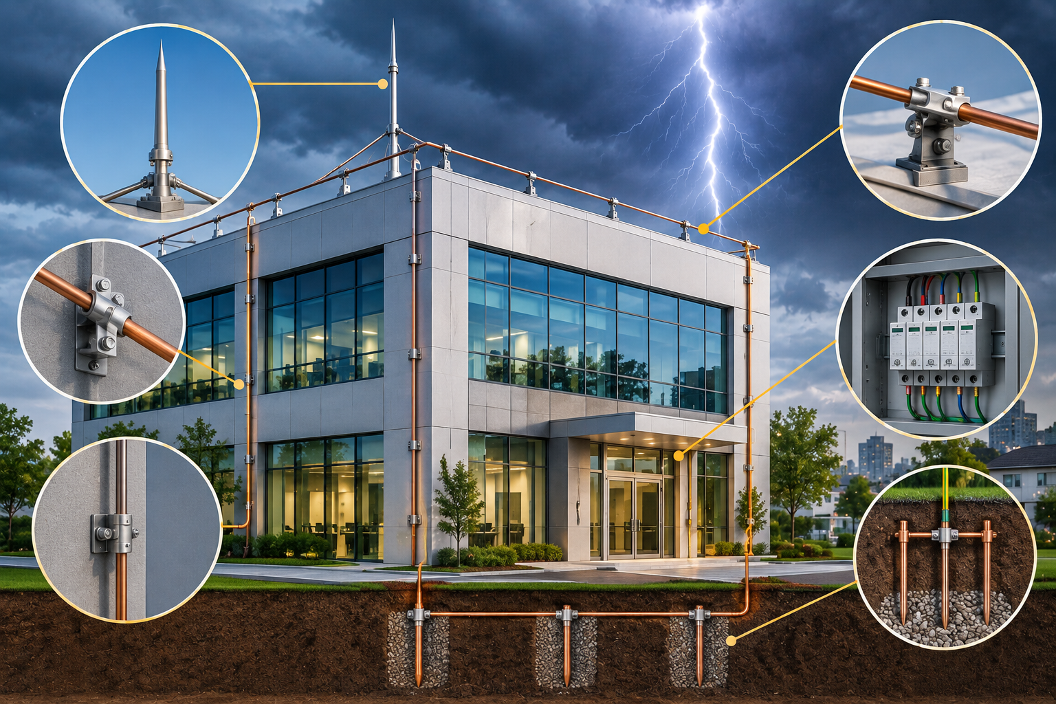 Complete lightning protection system with rooftop air terminals, conductors, earthing and surge protection