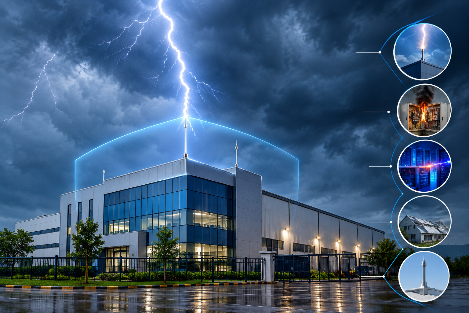 Building lightning protection system protecting an industrial facility during a storm