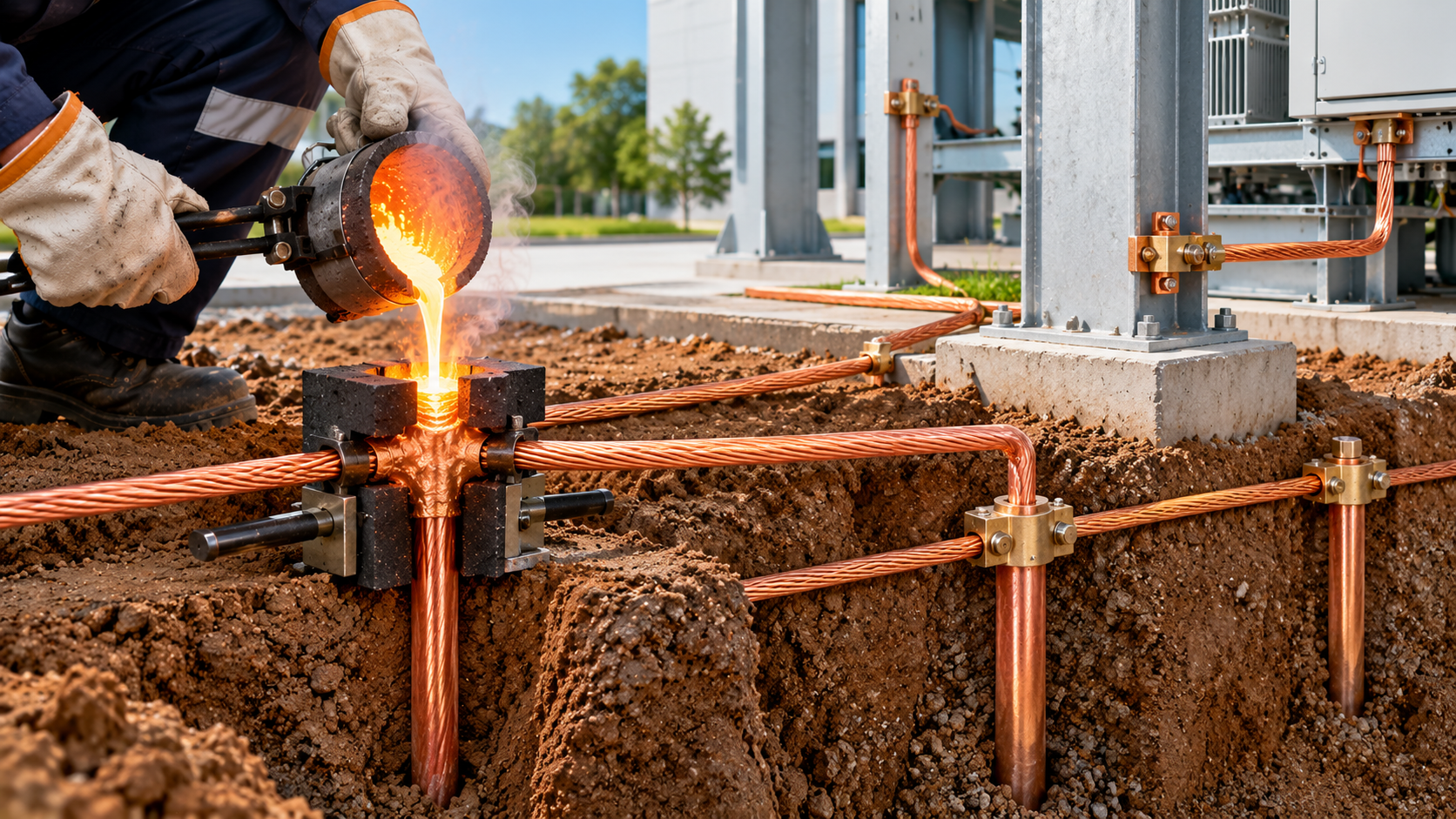 Exothermic welding connecting copper conductors in a complete electrical earthing system